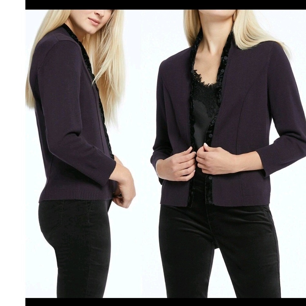 NIC+ZOE Black Velvet Trim High Neck Knit Cardigan Sweater Women's M